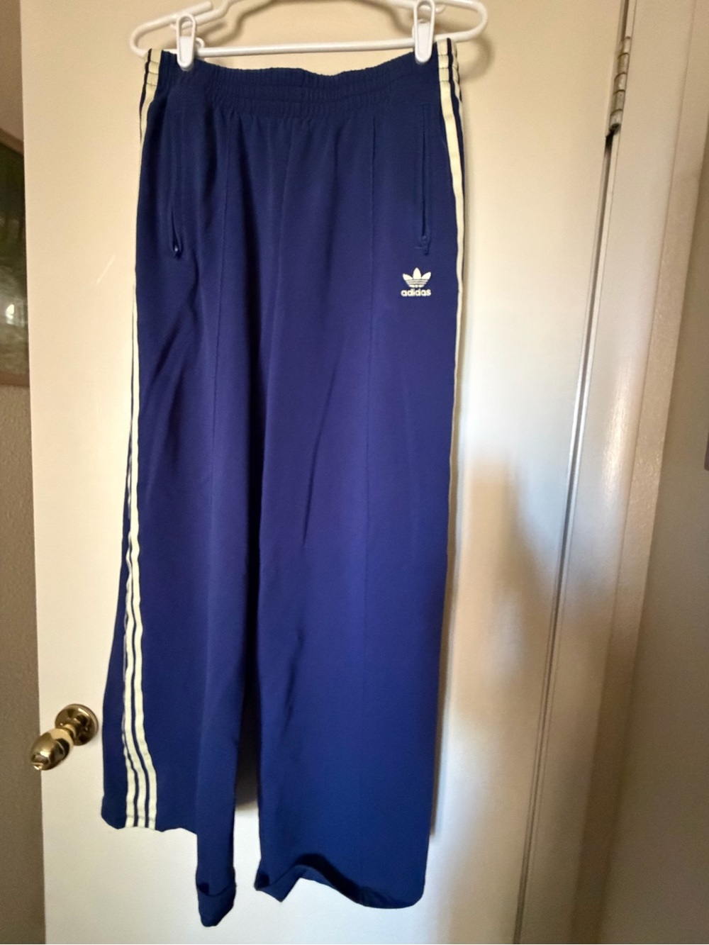 adidas Wide-Leg Track Pants in Navy with White Three-Stripes